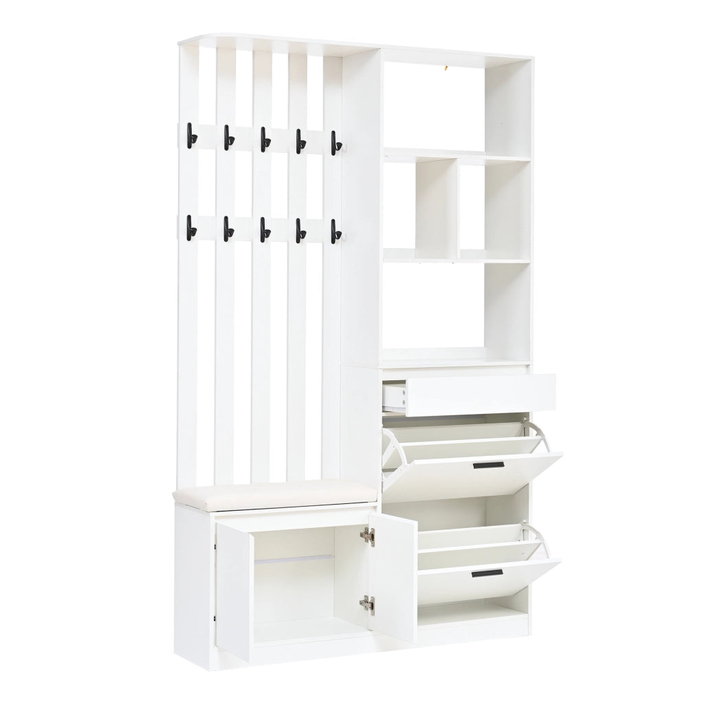 Guardaroba da ingresso bianco in mdf 120x30x200 cm; mobile ingresso con panca imbottita; scarpiera a ribalta e 10 ganci