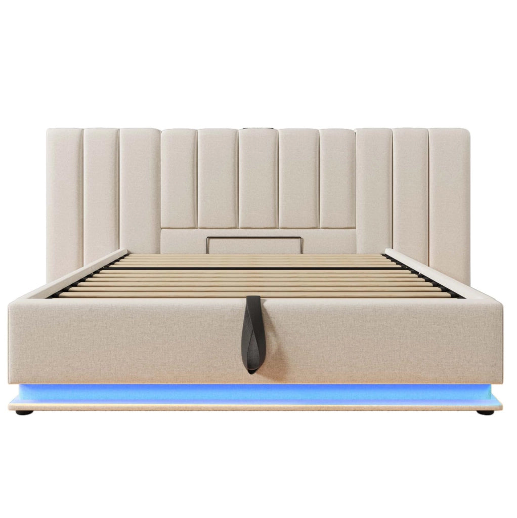 Letto matrimoniale 180x200 cm in lino beige con LED, contenitore e materasso