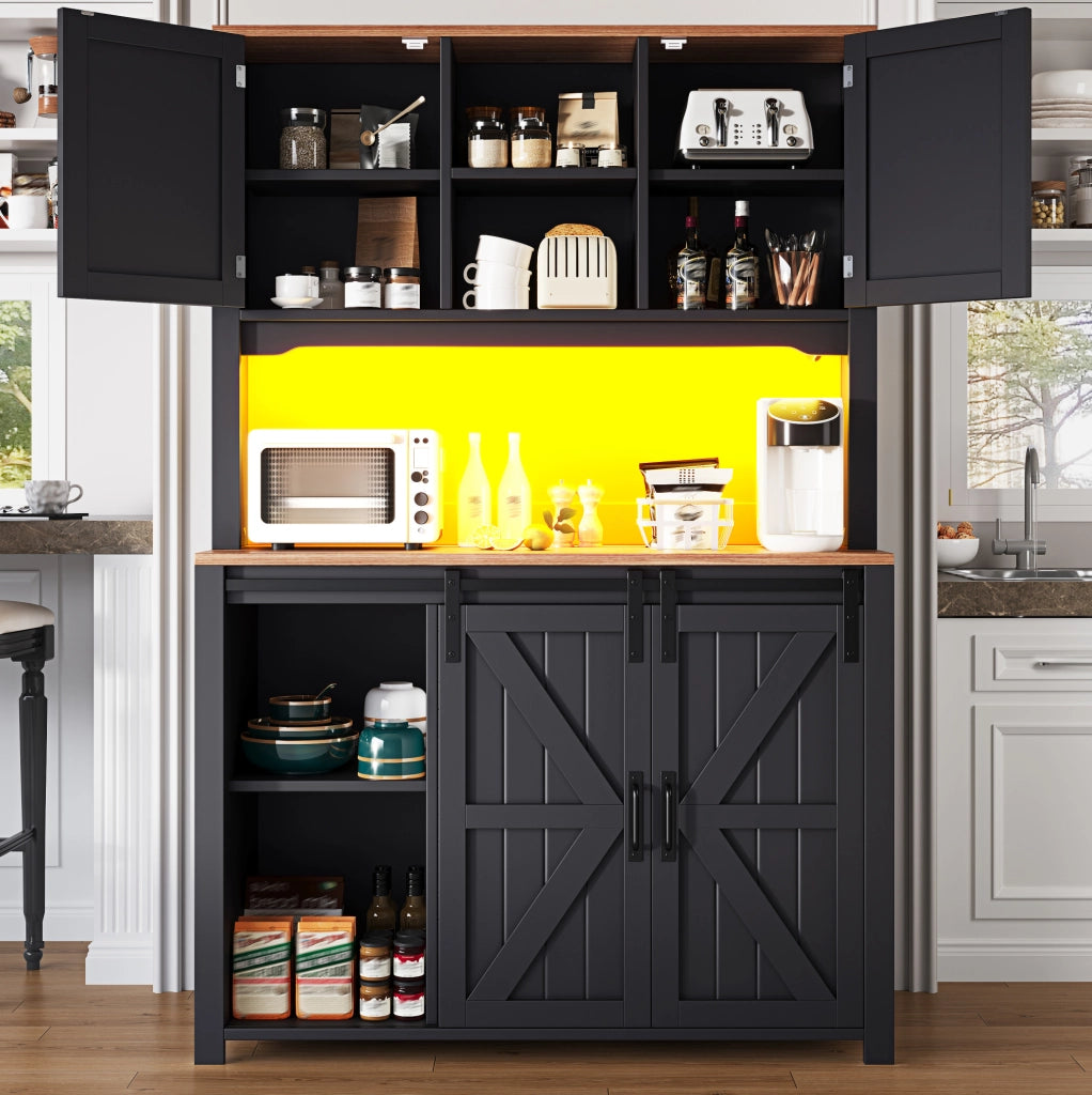 Mobile da cucina 115x40x174,7 cm con ante scorrevoli e illuminazione LED a colori, struttura in MDF, nero/bianco