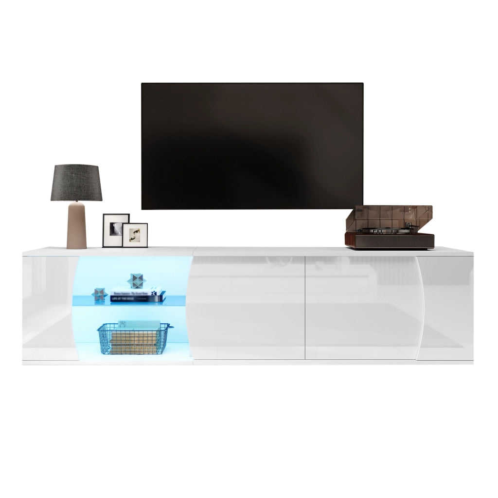 Mobile TV bianco lucido 180 cm con LED, 3 ante e ripiani in vetro