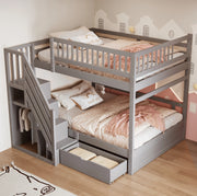 Letto a castello in legno 140x200 cm con scala contenitore; cassetto e sponde di sicurezza; grigio