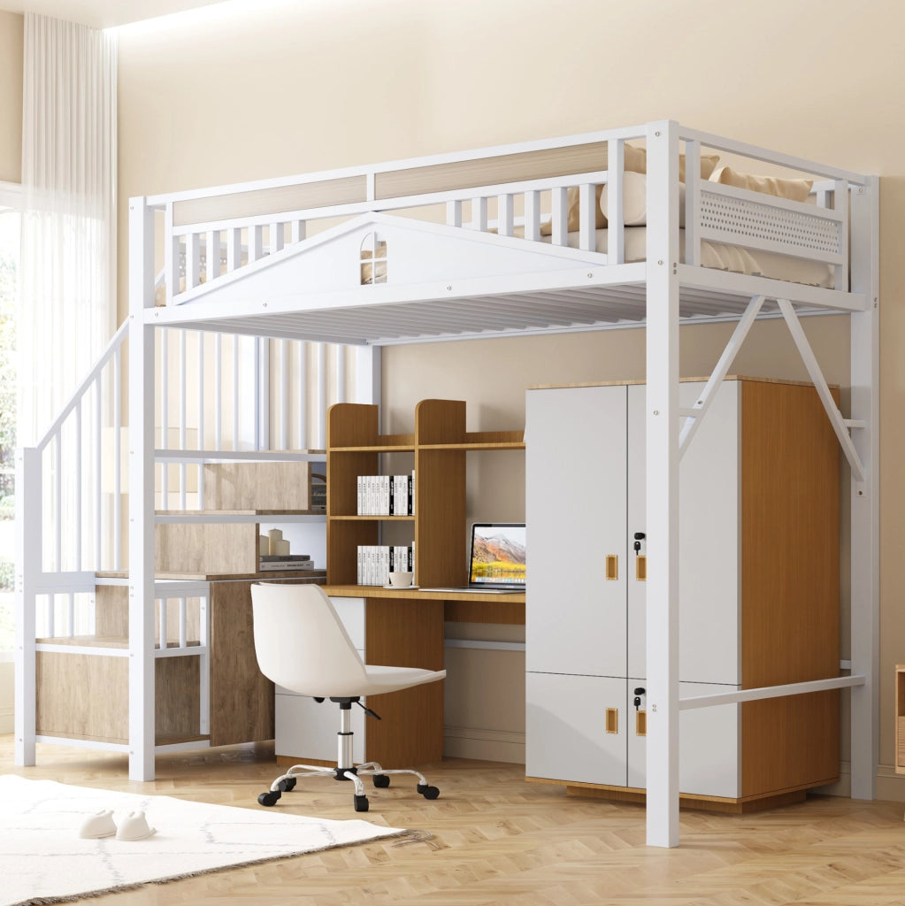 Letto a castello alto in metallo 90x200 cm con recinto di sicurezza a finestra e scala con armadietto, bianco