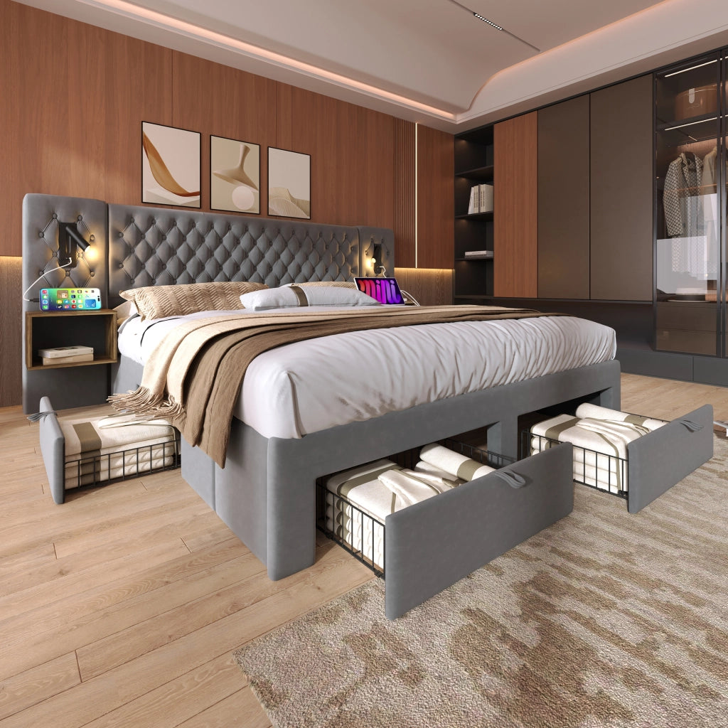 Letto imbottito 180 x 200 cm con contenitori, LED, USB/USB-C e 4 cassetti, letto in velluto grigio con scrivania integrata e testiera a vani