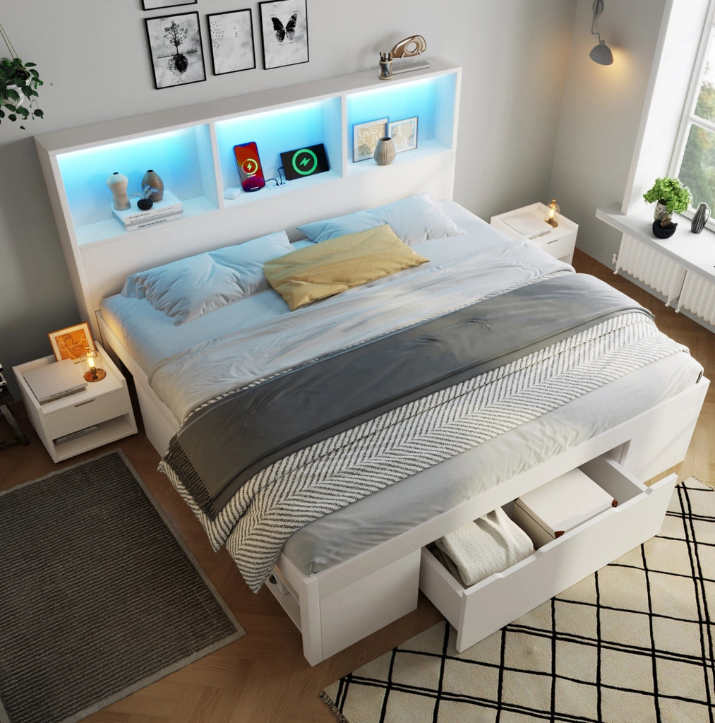 Letto 140x200 cm con 2 comodini mobili; LED; USB e Type-C; cassetto e scaffali; bianco