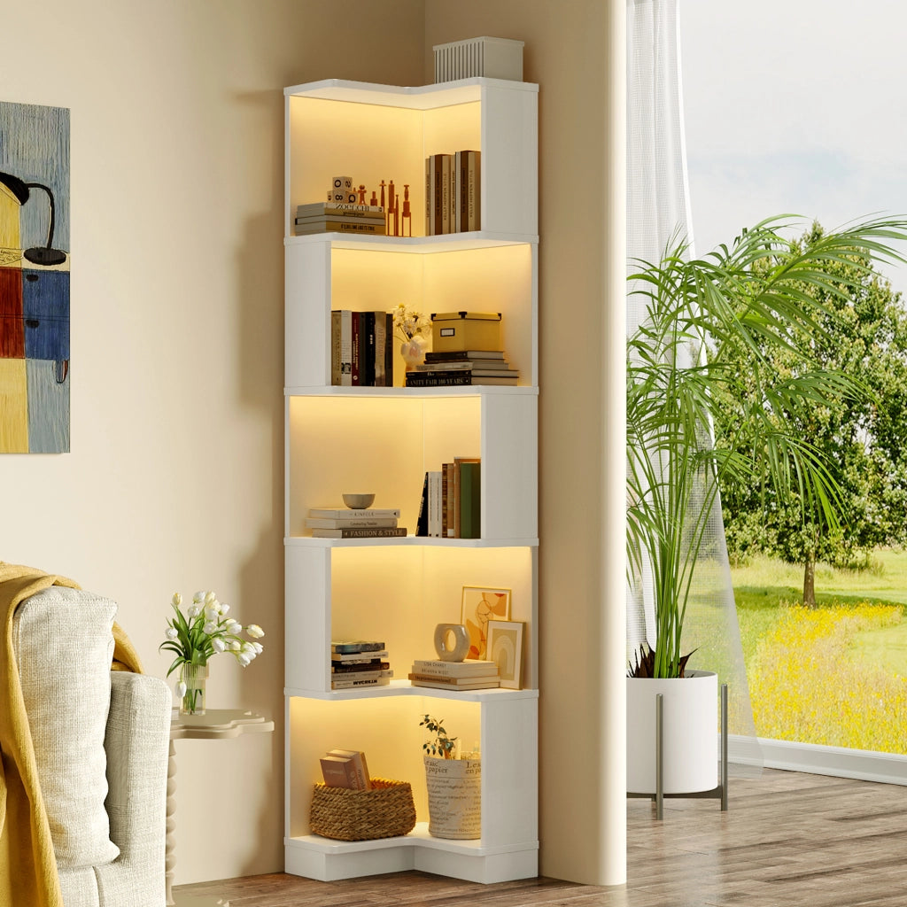 Libreria Angolare Bianca Scaffale a Forma di L con Luci LED e 5 Ripiani