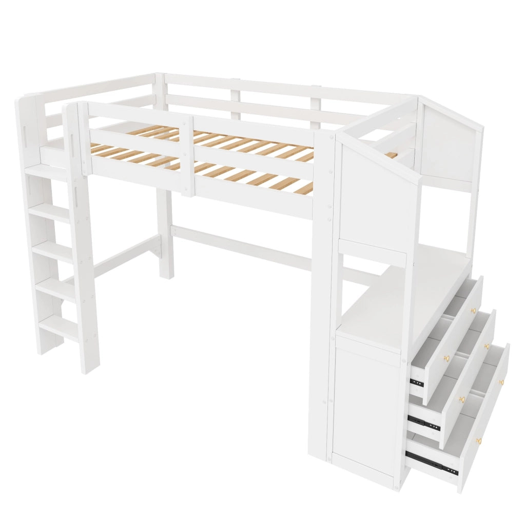 Letto a soppalco 90x200 cm bianco con 6 cassetti, scaffali e illuminazione LED