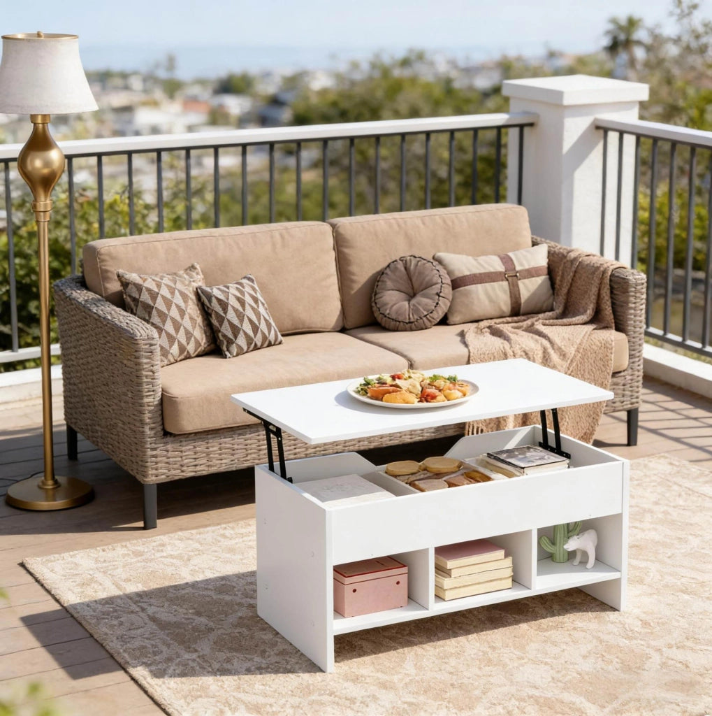 Tavolino Trasformabile Multifunzionale in Legno Bianco 96x45x51 cm con Piano Ribaltabile