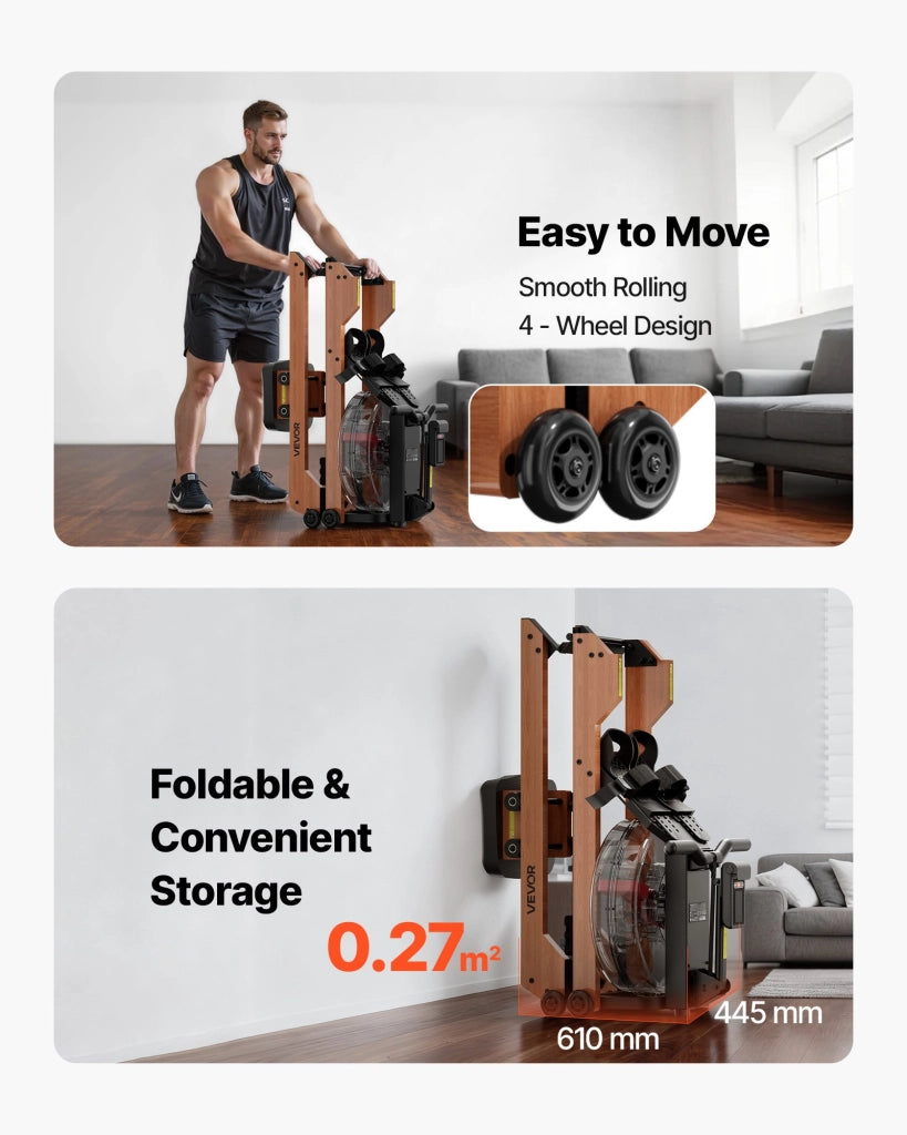 Vogatore ad Acqua per Casa RW630 in Legno, Resistenza Regolabile a 6 Livelli, Connessione Bluetooth, Display LCD, Carico Max 158 kg