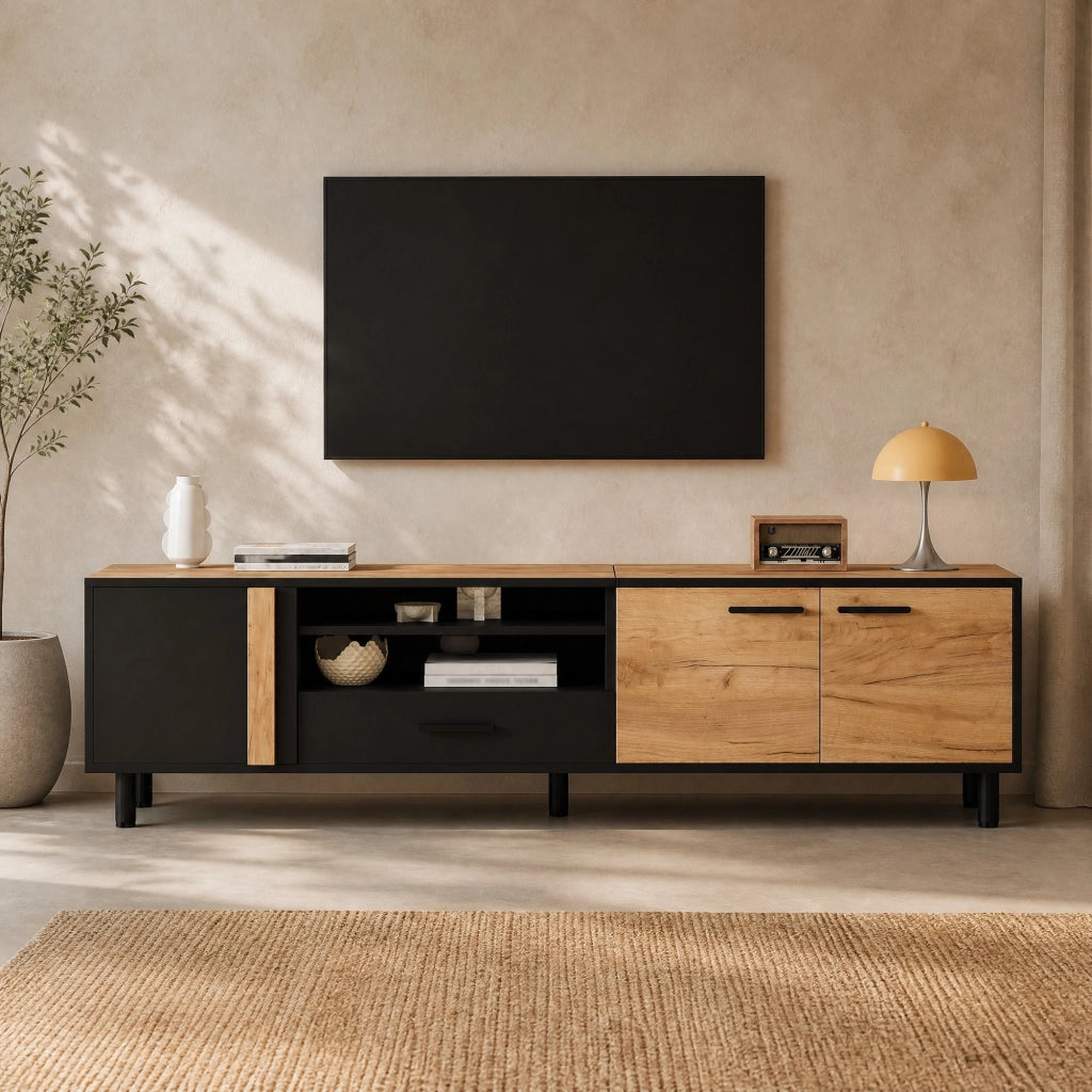 Mobile TV 180x32;5x50 cm con 3 ante e cassetto nero effetto legno HOMVRA