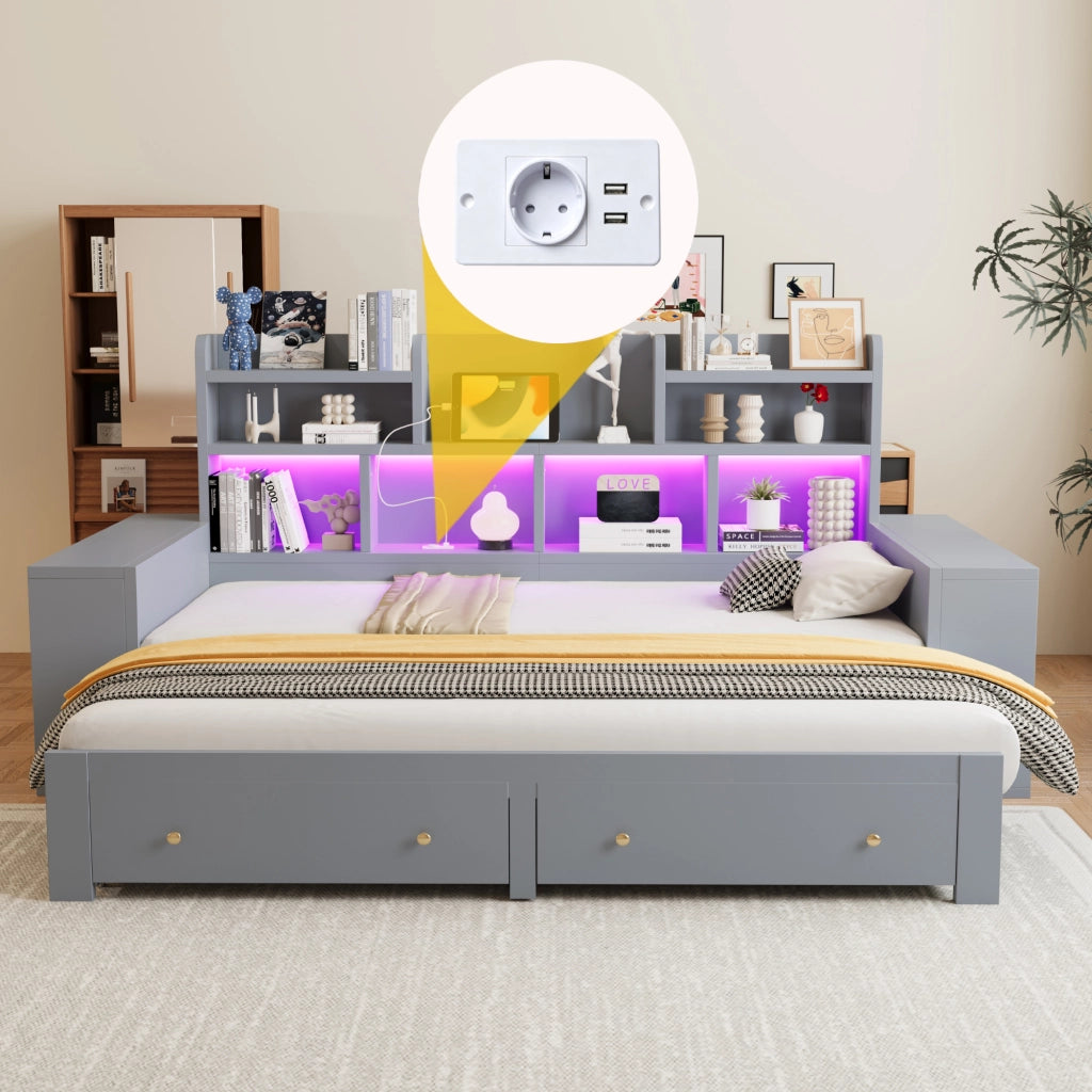 Letto estraibile multifunzionale in compensato e MDF grigio con cassetti ripiani LED e presa