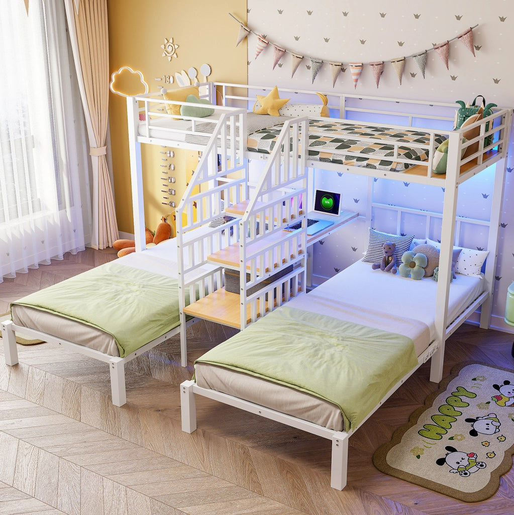 Letto a castello 90x200 cm in metallo e MDF con LED; scrivania; USB e presa; bianco