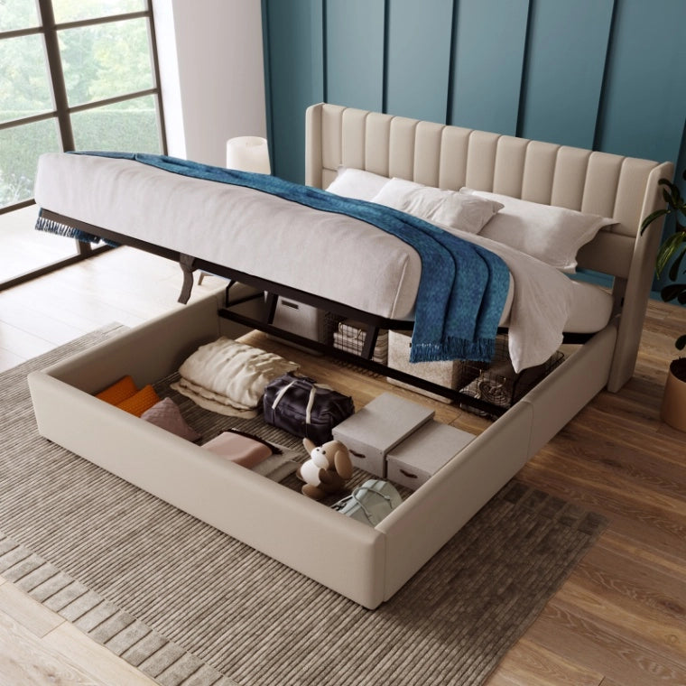 Letto Contenitore Matrimoniale 160x200 cm; Letto Imbottito in Lino Beige con Testiera; Rete a Doghe e Sollevamento Idraulico; Struttura Letto