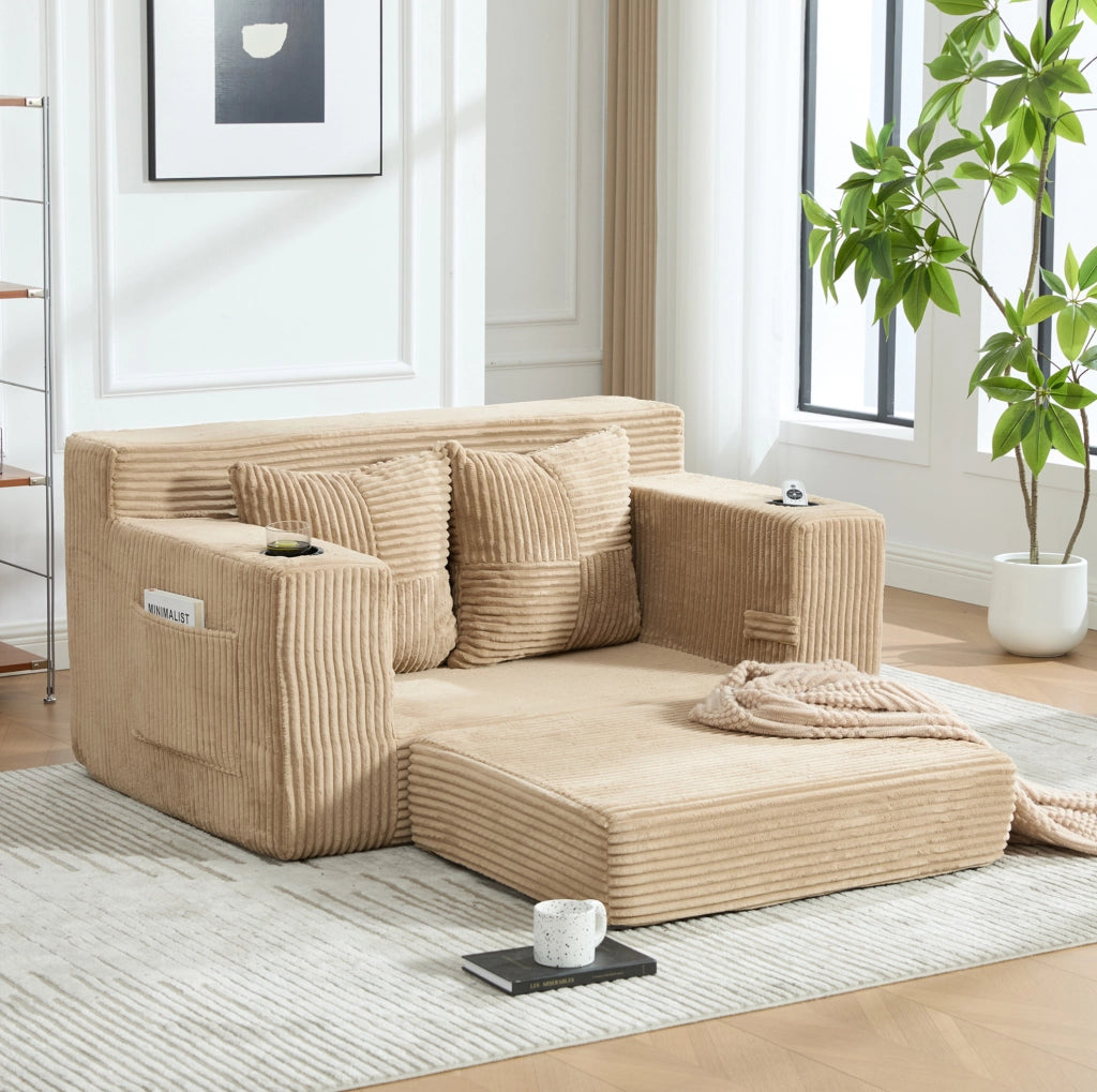 DIVANO Pouf 151x133x64 cm in Velluto a Coste Khaki con Tasche Laterali