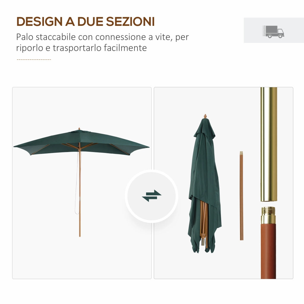 Ombrellone 2x3 m da Giardino in Legno Laccato e Bamb¨´ con Copertura Rimovibile, Verde Scuro