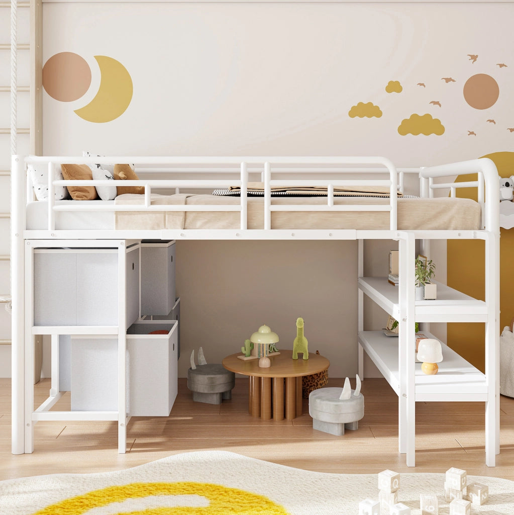Letto a castello basso in metallo 90x200 con spazio contenitivo e scala ampia