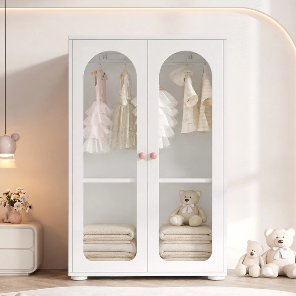 Armadio bambini 80 x 50 x 120 cm; 2 ante trasparenti in acrilico; per la casa moderna; design moderno; maniglie in ceramica; laccato bianco
