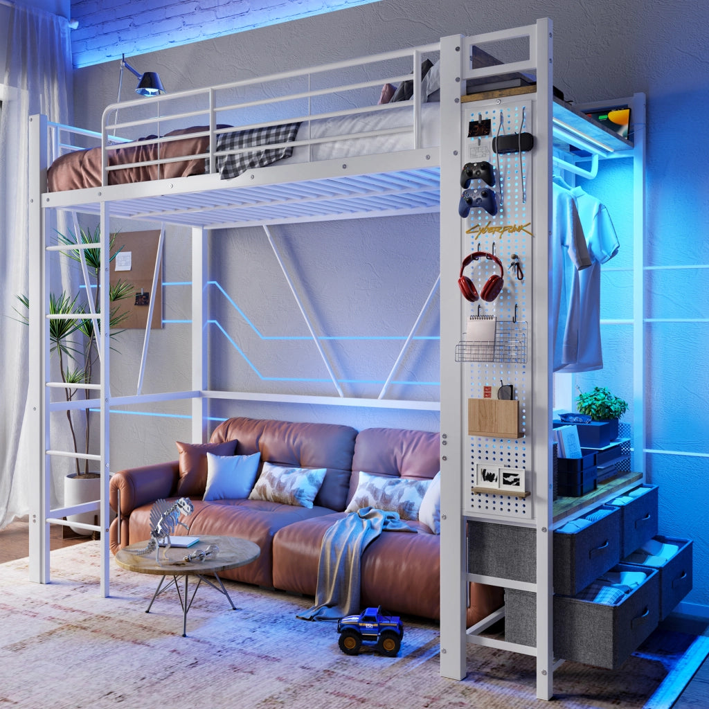 Letto a soppalco 90 × 200 cm con 4 cassetti LED prese USB e Type-C in metallo e MDF bianco