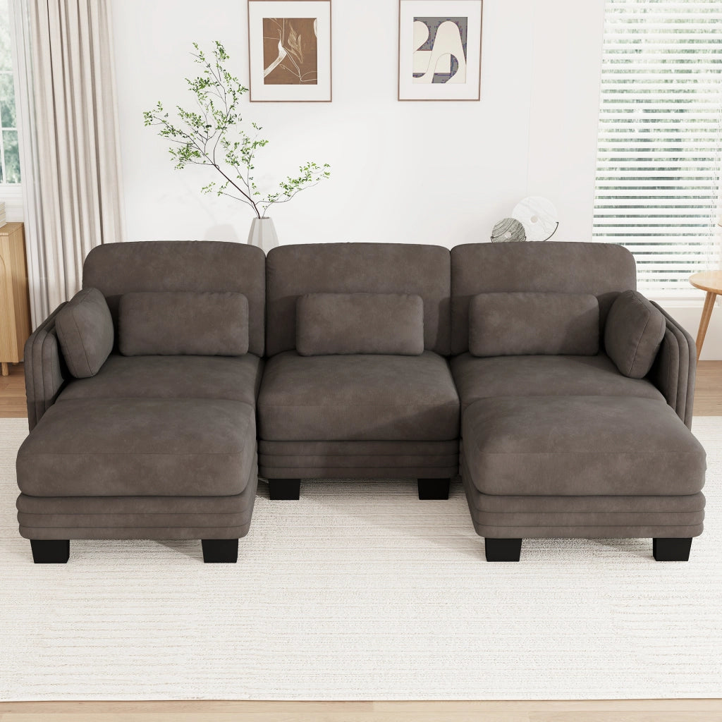Divano modulare in ciniglia marrone 253x143x88 cm con pouf separato