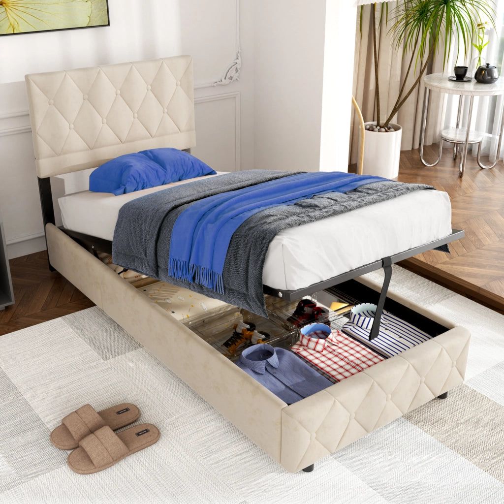 Letto imbottito con box contenitore, 90 x 200 cm, con sistema idraulico per l'apertura, struttura letto con spazio contenitore, (senza materasso)