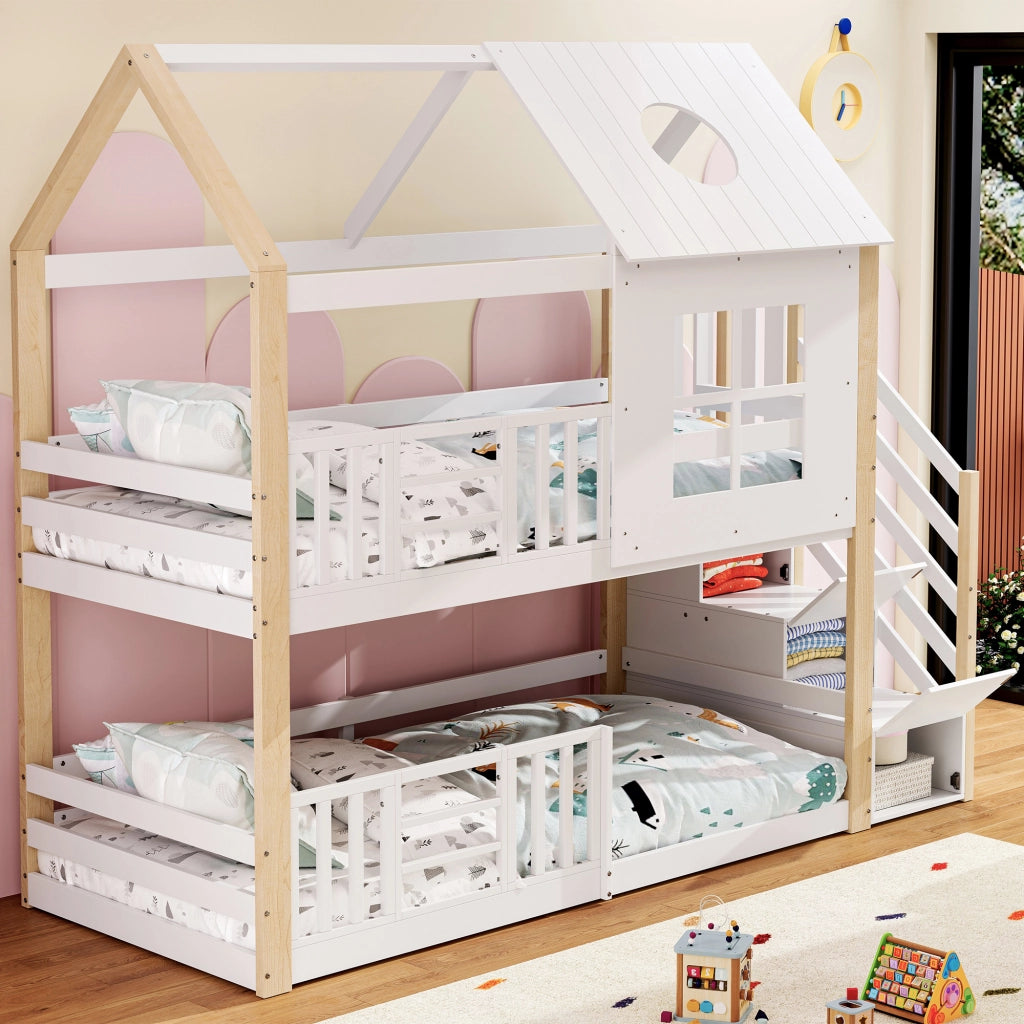 OKWISH Letto a Castello 90×200 cm, Letto Singolo con Scala Contenitore, Sponde e Design a Casetta, senza Materasso, Bianco Naturale