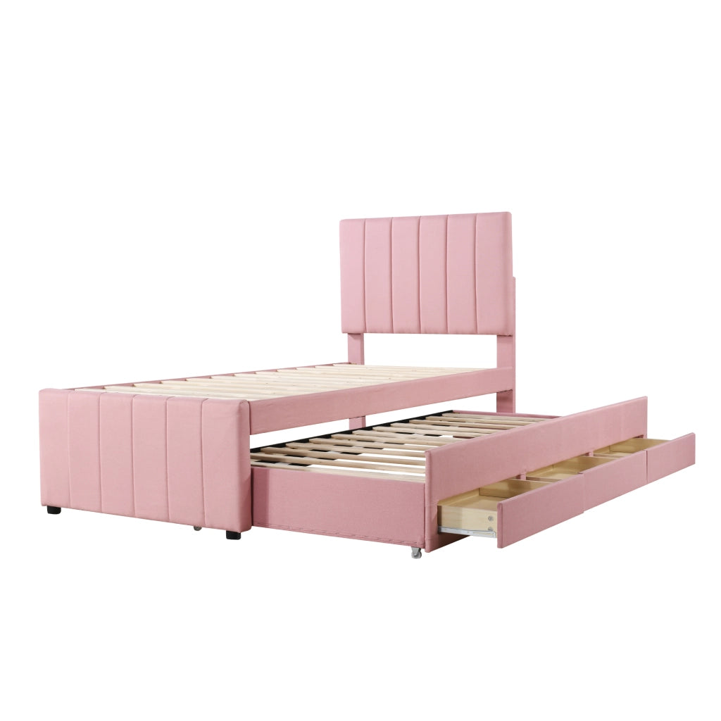 Letto imbottito 90x200 cm con letto estraibile e 3 cassetti in cotone e lino rosa