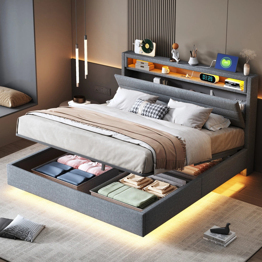 LETTO Imbottito Contenitore 140x200 cm Grigio con USB e LED