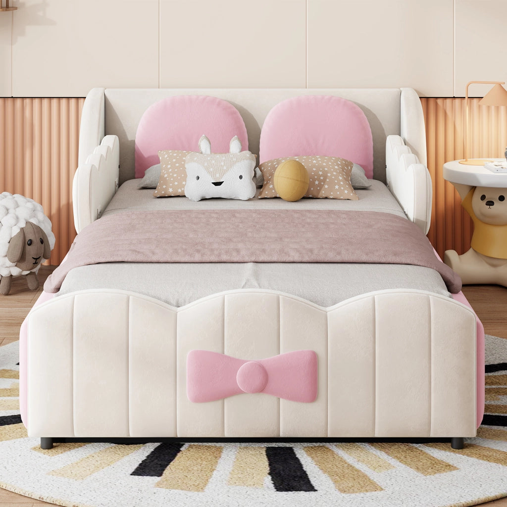 Letto singolo con contenitore 90 × 200 cm imbottito in velluto beige con sollevamento idraulico e 2 cuscini decorativi