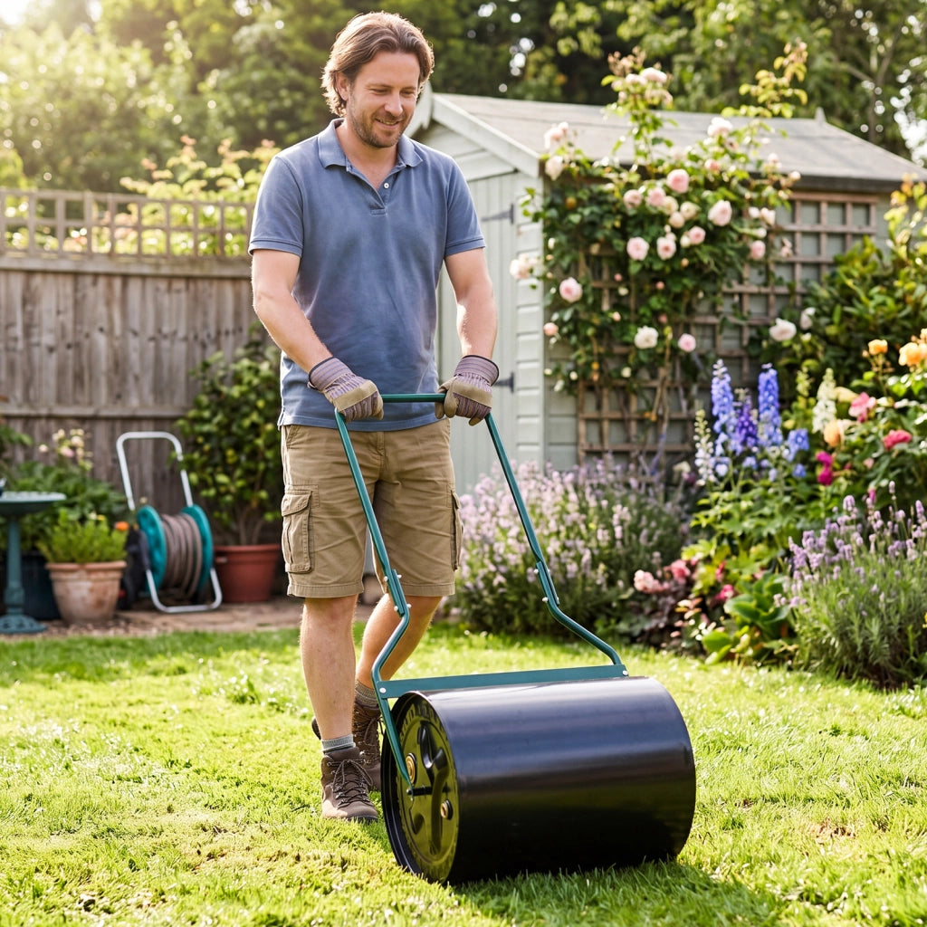 Rullo metallico per prato da giardino 60 l rullo manuale per terreno riempibile con acqua o sabbia, Rullo metallico per livellare e compattare il terreno