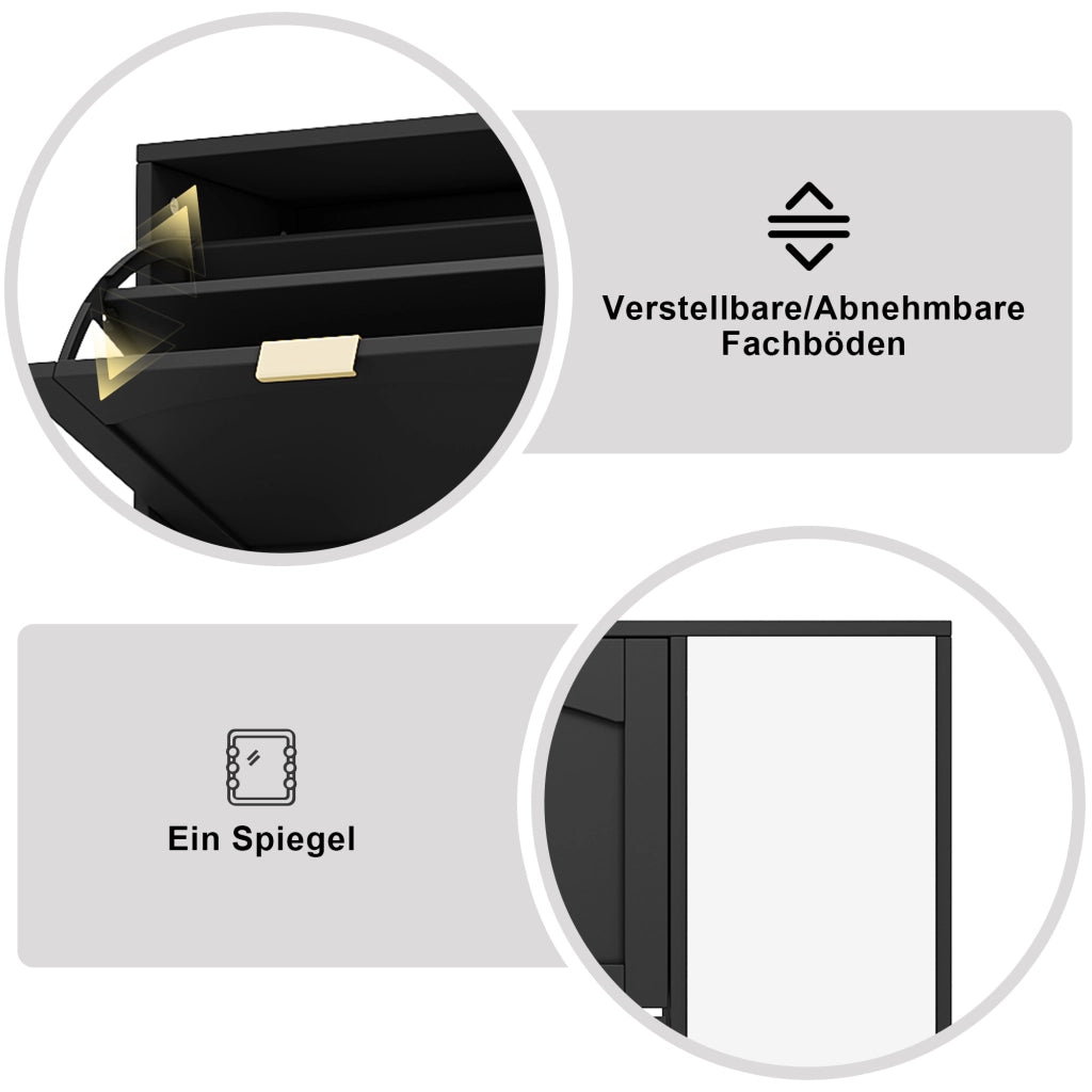 Scarpiera con specchio, 4 vani estraibili e ripiani regolabili, per ingresso, in truciolare nero, 80 × 24 × 147 cm