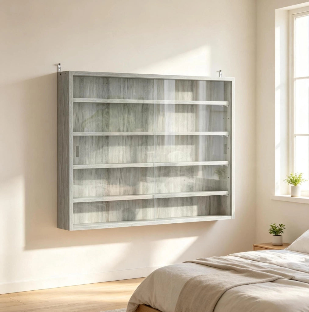 Vetrina da parete moderna in truciolato e vetro 80x9,5x60 cm grigia con 4 ripiani regolabili