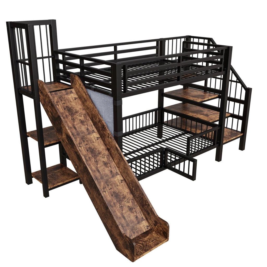 Letto a castello per bambini in metallo con scivolo, scala con contenitore e ripiani integrati 90x200 cm, nero