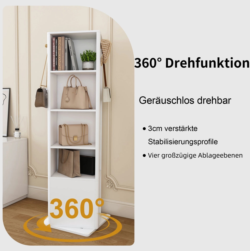 Armadio portagioie girevole 360° con specchio 170 cm; 4 ripiani e 6 ganci in MDF bianco