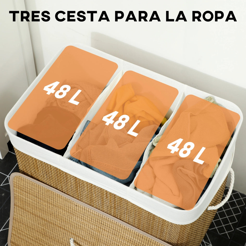 Cestino Lavanderia 144L Bamb¨´ con 3 Scomparti e Maniglia ¨C Minimal ¨C 60x40x60 cm Marrone