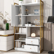 Libreria con ripiani aperti cassetti e vani chiusi in pannello di particelle bianco e oro