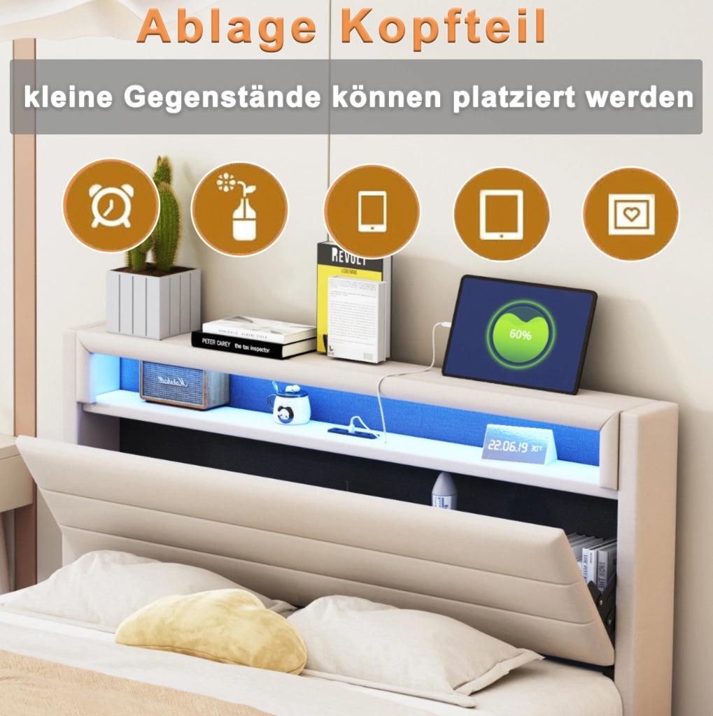 LETTO Imbottito 160x200 cm Beige con USB, LED e contenitore idraulico