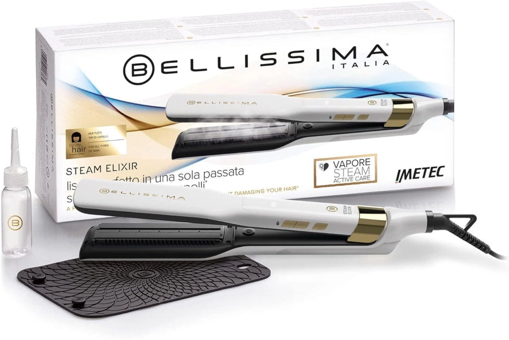 BELLISSIMA 11808 Steam Elixir Piastra per Capelli a Vapore Ceramica Argan 4 Temperature 170°C 230°C 235 W colore Bianco