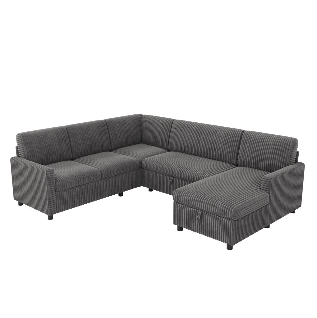 Divano letto angolare a U 274x220 cm con chaise longue contenitore in velluto a coste grigio