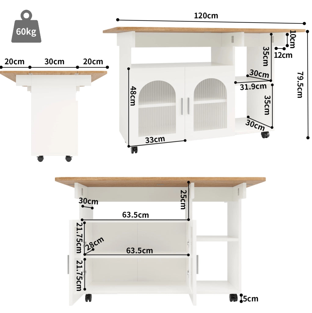 Isola cucina pieghevole con ruote e ripiani 120x30/70x79;5 cm in MDF bianco