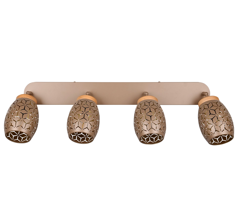 Barra 4 spots, metallo, caffè e legno, L 74 cm, Bidar