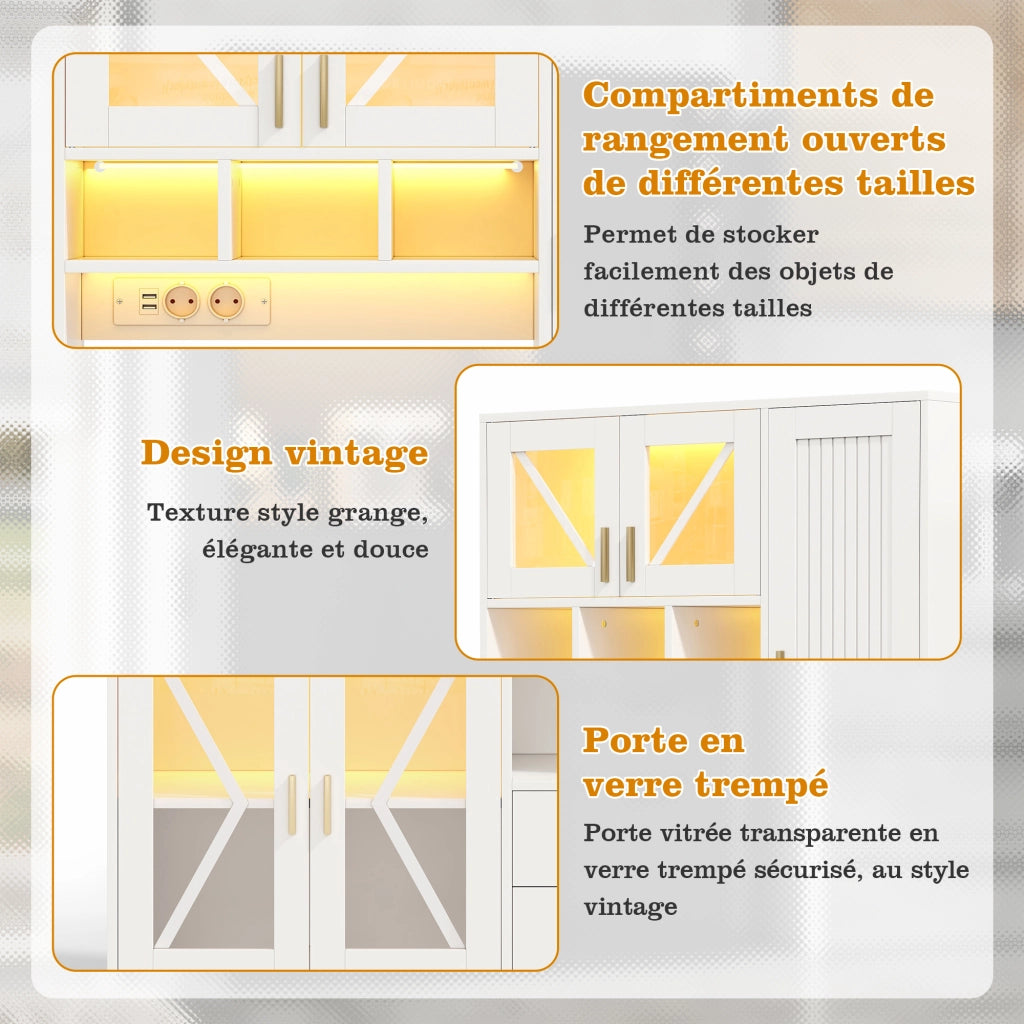 Credenza da cucina alta con vetrina, LED e prese, ripiani regolabili e cassetto, in MDF bianco, 105 × 40 × 185 cm