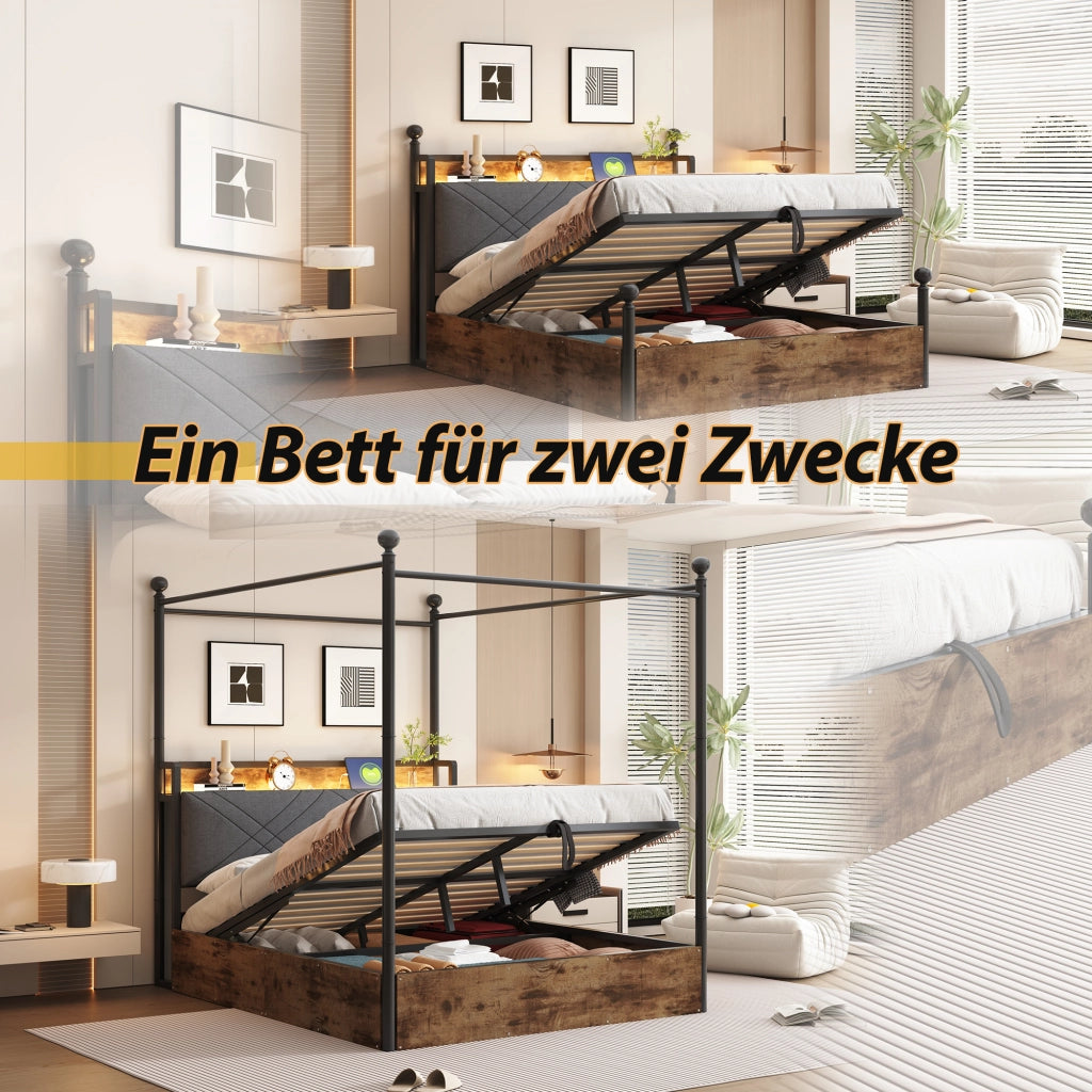 Letto matrimoniale 140 × 190 cm 2 posti; contenitore idraulico; LED regolabile e USB Type-C; senza materasso; nero