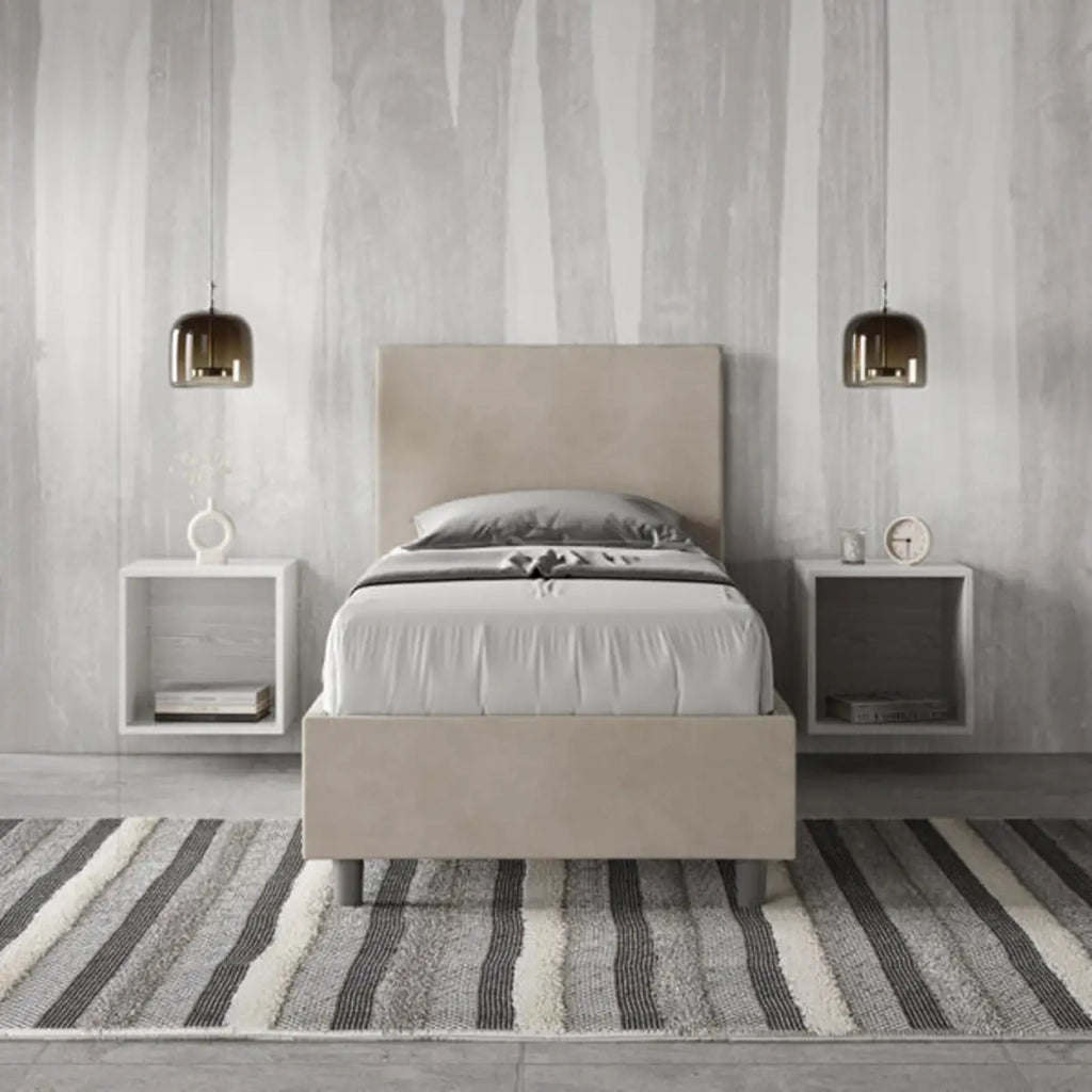 Letto singolo con rete imbottito 80x210 microfibra sabbia Adele