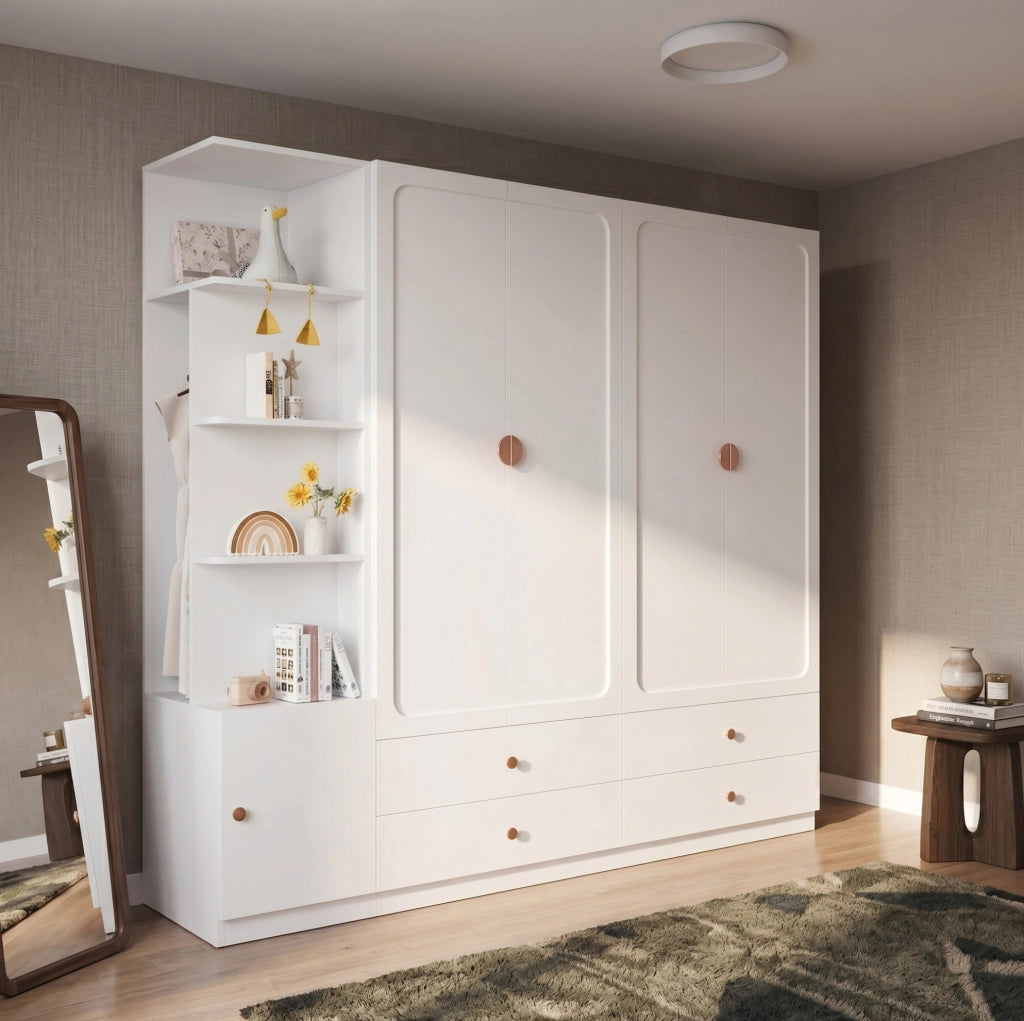 Ampio armadio bianco con 3 tubi appendiabiti, 4 cassetti e design multifunzionale, 200 x 225 x 45 cm