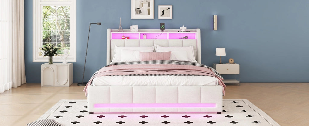 Letto imbottito 140x200 cm con cassetti, luce LED a controllo APP, tessuto lino beige, senza materasso