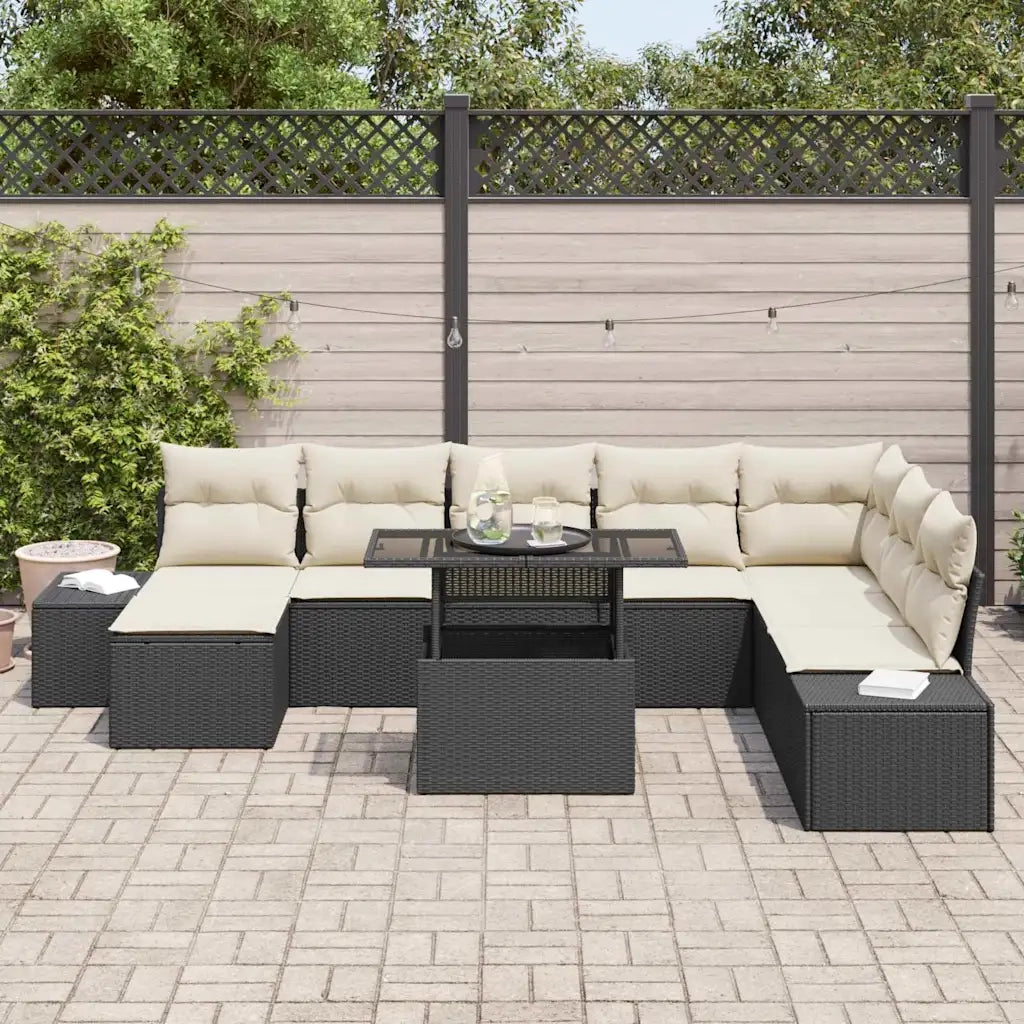 Set Divano da Giardino 9 pcs Nero e Crema polyrattan