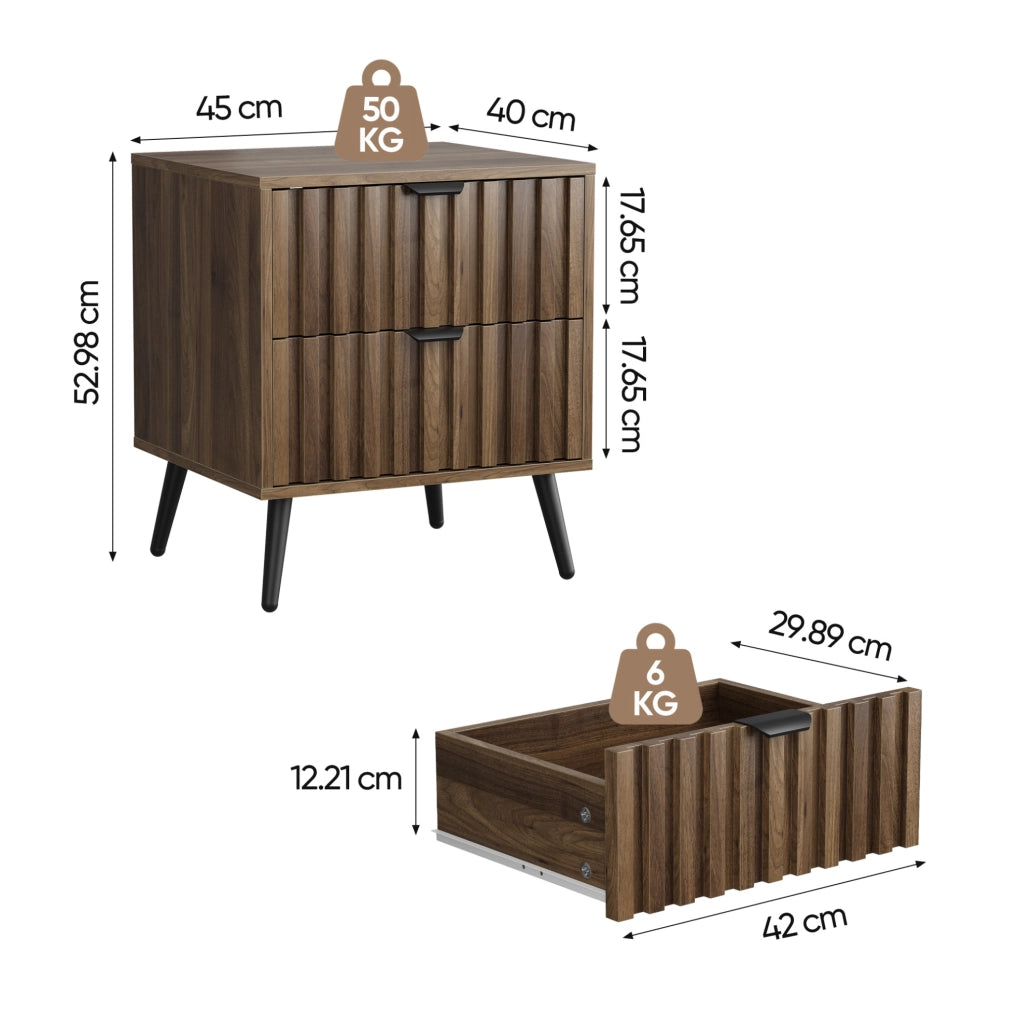 Comodino moderno con 2 cassetti 45x40x53 cm in MDF color noce HAVRYA