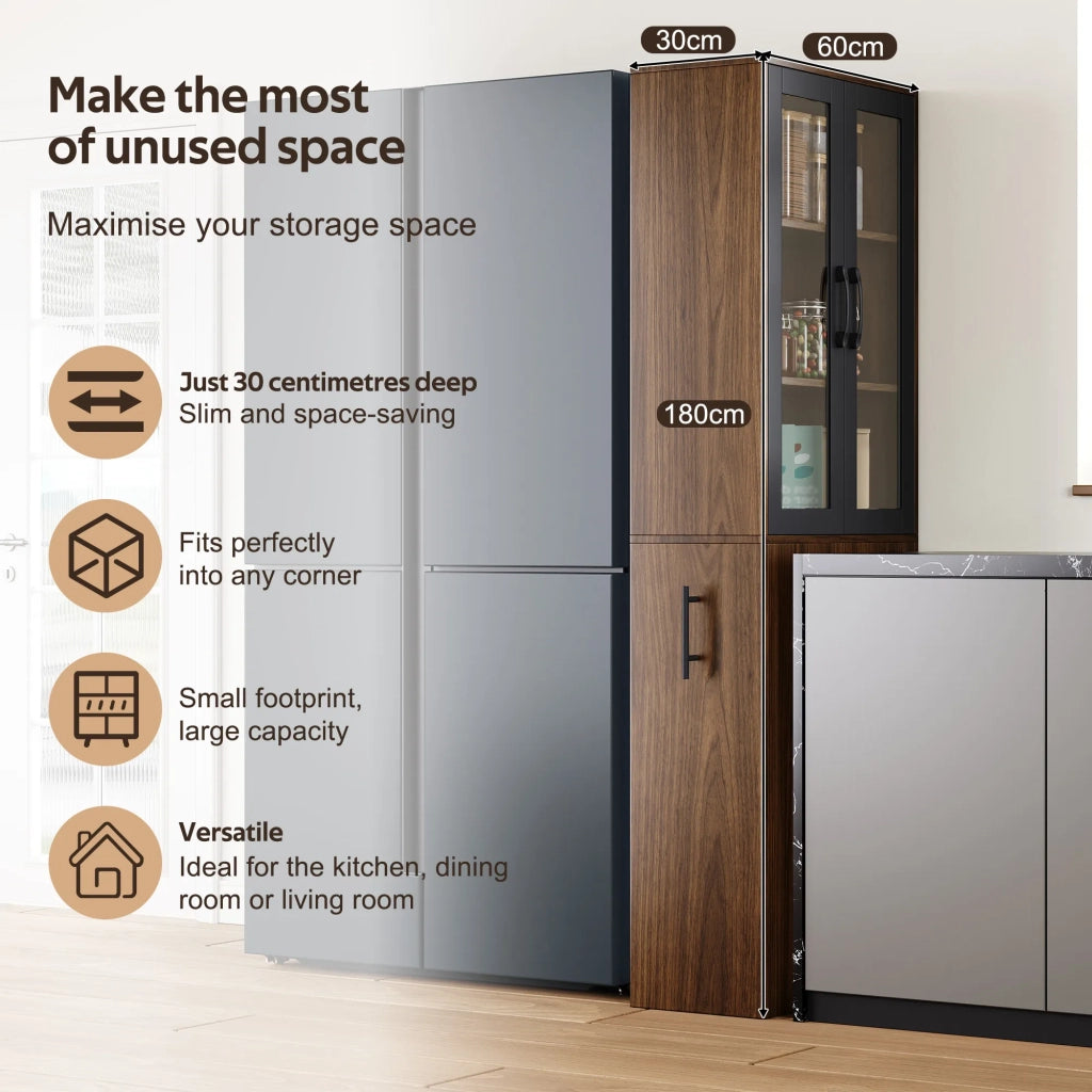 Armadio a nicchia cucina 60x30x180 cm, colonna stretta con ante in vetro e carrello dispensa estraibile su ruote, 4 ripiani
