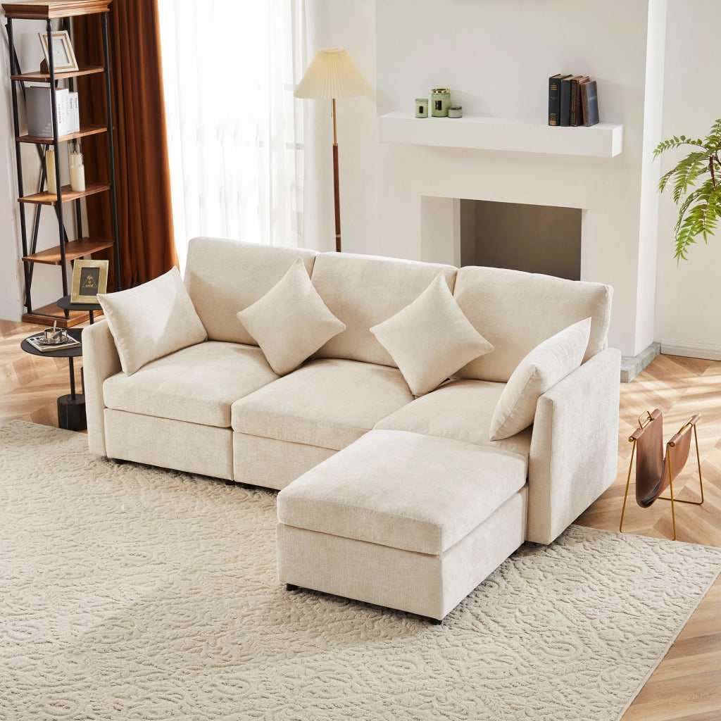 Divano modulare 3-4 posti con pouf mobile e 4 cuscini in chenille beige