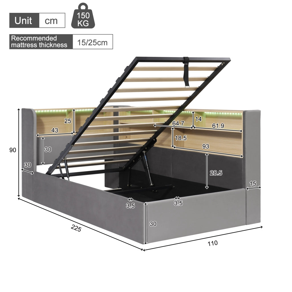 letto imbottito velluto grigio 110 x 225 cm