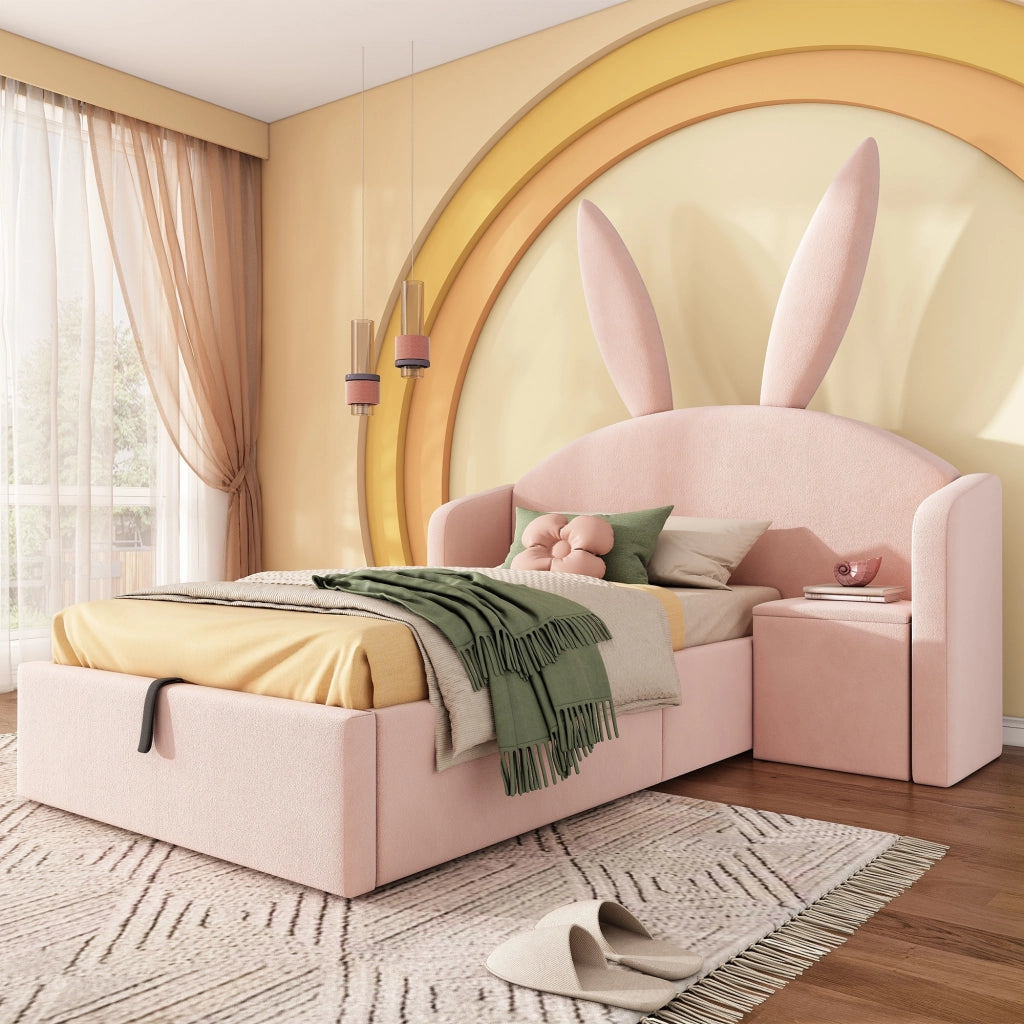 Letto per bambini 90x190 cm, letto idraulico con contenitore, testiera imbottita, forma a orecchie di coniglio, tessuto in velluto, rosa